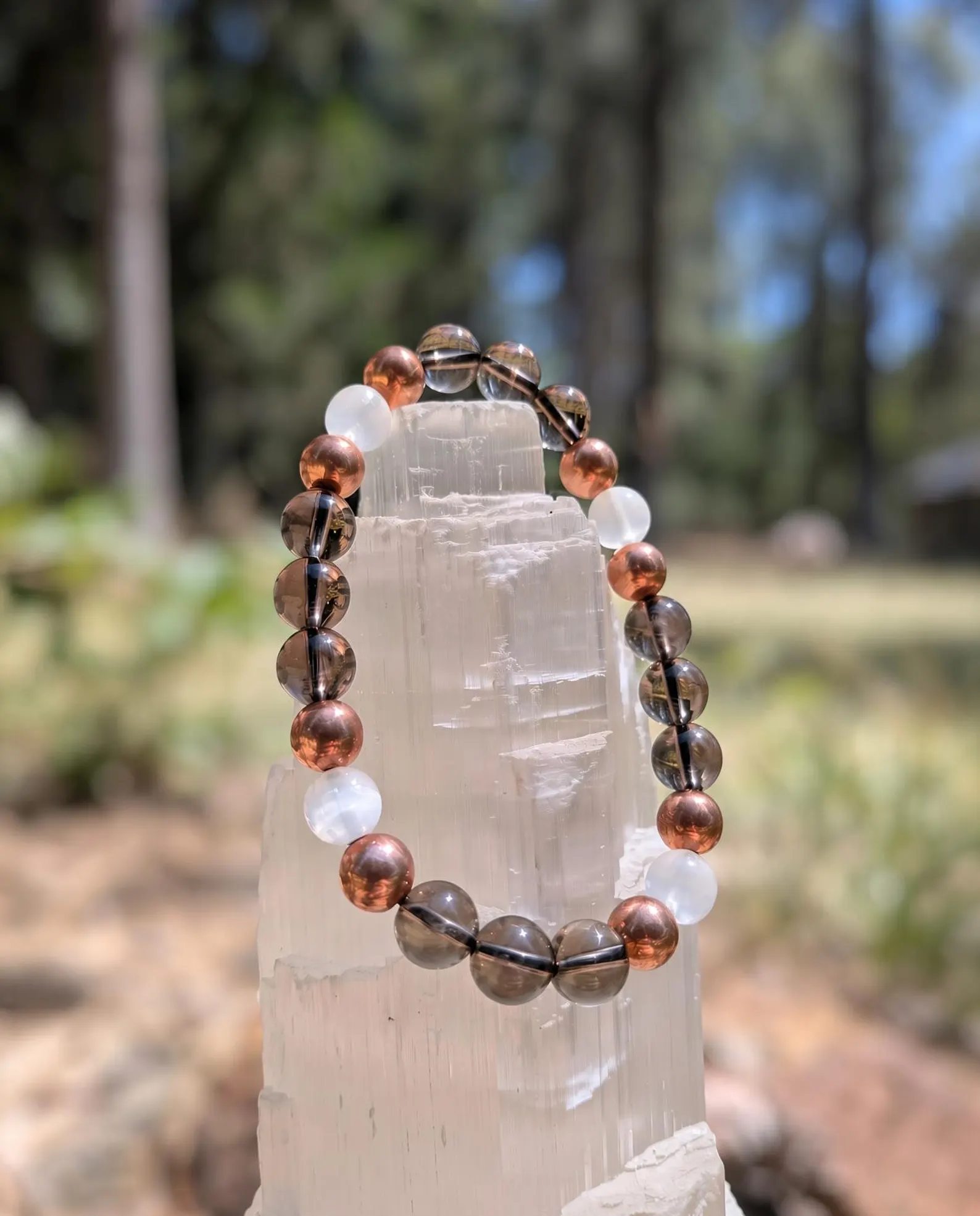 Smoky Quartz Selenite Copper EMF Protection Bracelet 8mm | Stretch Crystal Jewelry for Men & Women