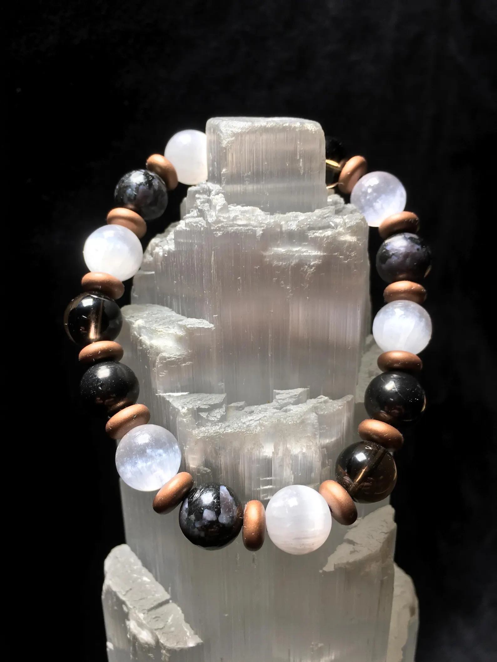 EMF Protection Crystal Bead Bracelet: Mystic Merlinite, Selenite, Shungite, Smokey Quartz